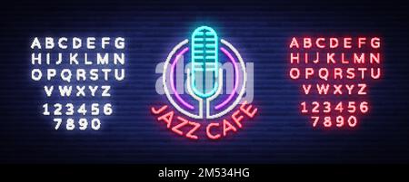 Jazz cafe is neon sign. Symbol, neon-style logo, night banner, advertising on Jazz music for Jazz cafe, restaurant, bar, party, concert. Design templa Stock Vector