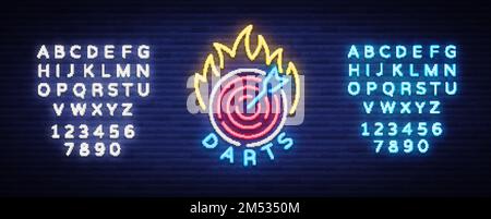 Darts Logo in Neon Style. Neon Sign, Bright Night Advertising, Light Banner. Vecton illustration. Editing text neon sign. Stock Vector