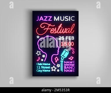 Jazz Festival Poster Neon. Neon sign, Neon style brochure, Design invitation template for Jazz music festival, Light Banner, Nightly advertisement of Stock Vector