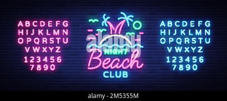 Beach nightclub neon sign. Logo in Neon Style, Symbol, Design Template for Nightclub, Night Party Advertising, Discos, Celebration. Neon banner. Summe Stock Vector