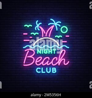 Beach nightclub neon sign. Logo in Neon Style, Symbol, Design Template for Nightclub, Night Party Advertising, Discos, Celebration. Neon banner, postc Stock Vector