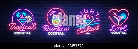Cocktail collection logos in neon style. Collection of neon signs, Design template on the theme of drinks, alcoholic beverages. Bright advertising for Stock Vector