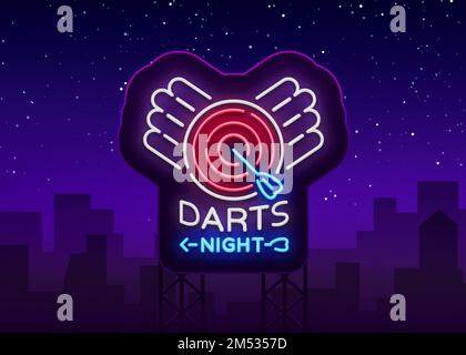Darts neon sign. Vector illustration. Bright nightly Darts advertising, neon logo, symbol, lightweight banner, design template for your projects. Bill Stock Vector