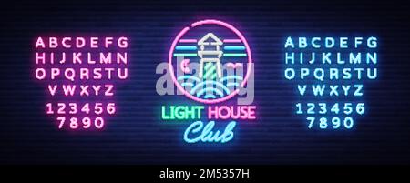 Night Club Lighthouse Neon Sign. Lighthouse Logo in Neon Style, Symbol, Design Template for Nightclub, Night Party Advertising, Discos. Neon banner. V Stock Vector