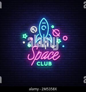 Space nightclub logo in neon style. Neon Sign, Light Banner, Night Bright Night Club Advertising. Disco. Design template for invitation party. Vector Stock Vector