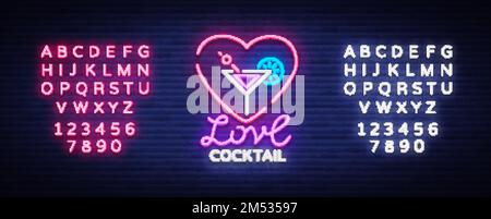 Cocktail logo in neon style. Love Cocktail. Neon sign, Design template for drinks, alcoholic. Light banner, Bright advertising for cocktail bar, party Stock Vector