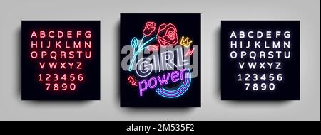 Rock print and slogan vector. Girl Power For T-shirt or other purposes. Symbol of feminism for printing in a neon style. Neon sign Retro style. Womens Stock Vector