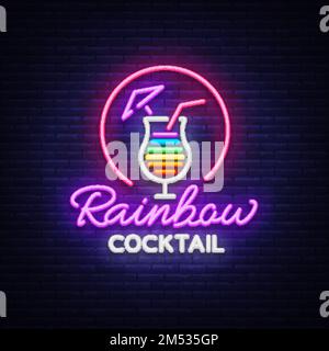 Cocktail logo in neon style. Rainbow Cocktail. Neon sign, Design template for drinks, alcoholic beverages. Light banner, Bright nightlight advertising Stock Vector