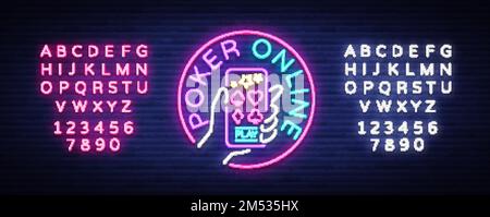 Online Poker logo in neon style. Design a smartphone template in your hands. Neon sign, light banner, bright light advertising gambling, casino, poker Stock Vector