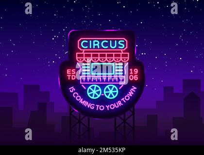 Circus truck logo in neon style. Design template with trailers. Neon sign, light banner, design element, bright night advertising for your projects. S Stock Vector