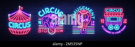 Circus collection of neon signs. Set of logos for circus in neon style, circus symbol, neon banner, bright nightly advertisement of circus show, magic Stock Vector