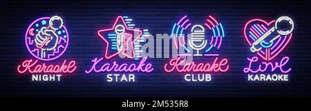 Karaoke set of neon signs. Collection is a light logo, a symbol, a light banner. Advertising bright night karaoke bar, party, disco bar, night club. L Stock Vector