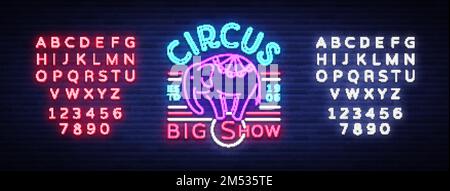 Circus neon sign. Big show design template, logo elephant in neon style, circus character, neon banner, bright nightly advertisement of circus show. V Stock Vector