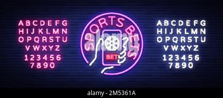 Sports betting is a neon sign. Design template, Neon style logo, bright banner, night advertising, smartphone in your hand, online betting on football Stock Vector