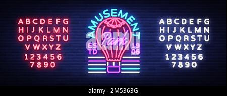 Amusement Park logo in neon style. Design template with a balloon. Neon sign, light banner, design element, bright night advertising for your projects Stock Vector