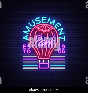 Amusement Park logo in neon style. Design template with a balloon. Neon sign, light banner, design element, bright night advertising for your projects Stock Vector