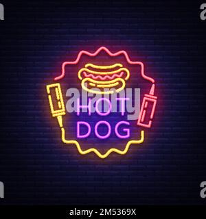 Hot Dog neon sign vector. Hot dog logo in neon style design template, night neon emblem, light banner, bright signboard, light night advertising of fa Stock Vector
