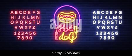 Hot dog logo in neon style design template. Hot dog neon signs, light banner, neon symbol fast food emblem, American food, bright night advertising. V Stock Vector