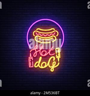 Hot dog logo in neon style design template. Hot dog neon signs, light banner, neon symbol fast food emblem, American food, bright night advertising. V Stock Vector