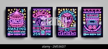 Circus collection of posters design templates neon style. Circus set of neon signs, tent, elephant, amusement park, light banner, neon flyer, advertis Stock Vector