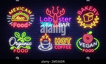 Big collection neon signs on theme food. Vector. Set bright food emblems, Neon food symbols, design template, Mexican food tacos, Lobster Bar, Bakery, Stock Vector