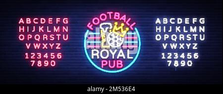 Football royal pub neon sign. Design Pattern Sport Bar Logo in Neon Style, Light Banner, Bright Night Bar Advertising, Design Element. Live football. Stock Vector