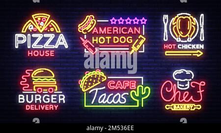 Food neon sign vector collection. Set neon logos, emblems, symbols, Pizza House, American Hot Dog, Hot Chicken, Burger Delivery, Chef Bekery, Tacos ca Stock Vector