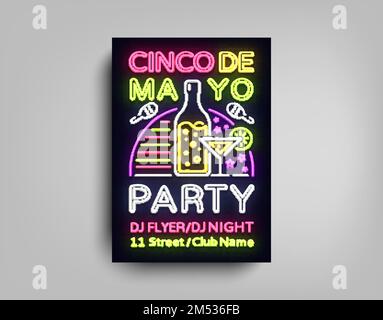 Cinco De Mayo Poster in neon style. Design Template Flyer invitation to celebrate Cinco de Mayo, brochure neon style banner light, typography Mexican Stock Vector