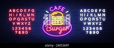 Burger cafe neon sign. Fastfood burger sandwich neon logo, bright banner, design template, night neon advertising for dining restaurant, street food. Stock Vector