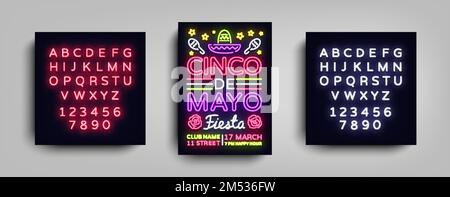 Cinco de Mayo poster design neon style template. Neon sign, bright light neon flyer, Mexican holiday. Invitation to party, festival, celebration, fies Stock Vector