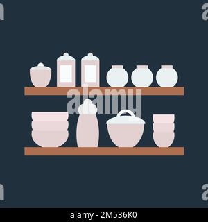 Vector kitchen utensils on shelves set Stock Vector