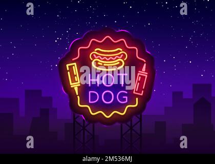 Hot Dog neon sign vector. Hot dog logo in neon style design template, night neon emblem, light banner, bright signboard, light advertising of fast foo Stock Vector