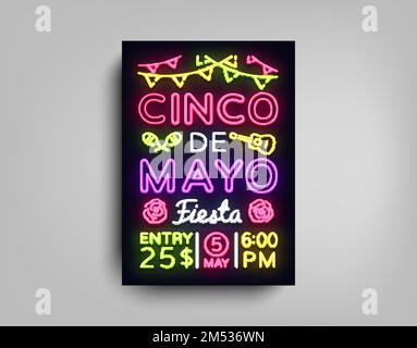 Cinco De Mayo Poster in neon style. Design Template Flyer invitation to celebrate Cinco de Mayo, brochure neon style banner light, typography Mexican Stock Vector