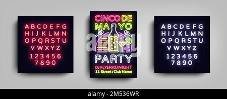 Cinco De Mayo Poster in neon style. Design Template Flyer invitation to celebrate Cinco de Mayo, banner light, typography Mexican Fiesta celebration p Stock Vector