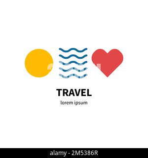 Sun, waves and heart, love to travel logo. Travel agency pictogram, sea and sun concept Stock Vector