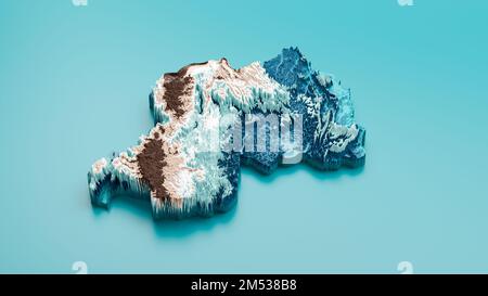 A 3d illustration of the topographic map of Rwanda on a blue background Stock Photo