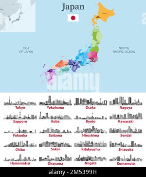 Japan map with main cities on it. Japanese cities skylines illustrations in black and white color palette. Vector set Stock Vector