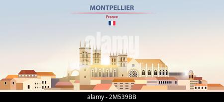 Montpellier cityscape on sunrise sky background with bright sun shine. Vector illustration Stock Vector
