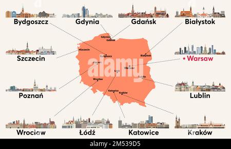 Poland map with main cities skylines. Vector illustration Stock Vector