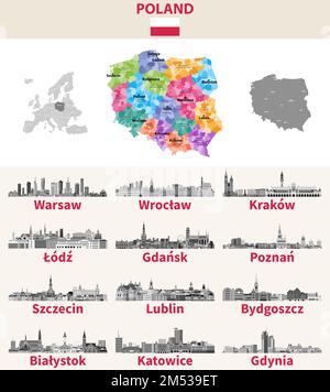 Poland map with main cities on it. Polish cities skylines illustrations in black and white color palette. Vector set Stock Vector
