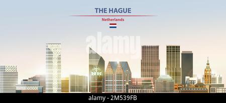 The Hague cityscape on sunrise sky background with bright sun shine. Vector illustration Stock Vector