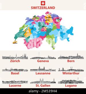 Switzerland map with main cities on it. Swiss cities skylines illustrations in black and white color palette. Vector set Stock Vector