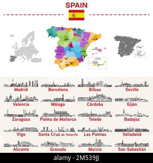 Spain map with main cities on it. Spanish cities skylines illustrations in black and white color palette. Vector set Stock Vector