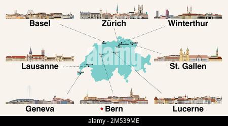 Switzerland map with main cities skylines. Vector illustration Stock Vector