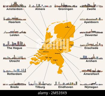 Netherlands map with main cities skylines. Vector illustration Stock Vector