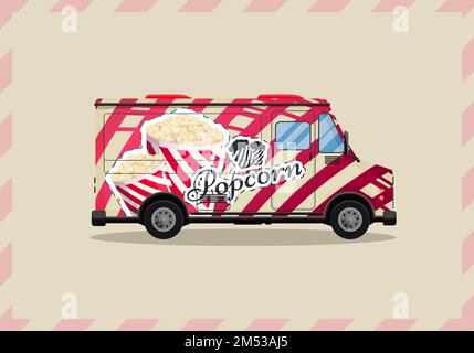 Popcorn cart, kiosk on wheels, retailers, sweets and confectionery products, and flat style isolated vector illustration. Snacks for your projects. Stock Vector