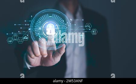Cyber security concept, data protection and secured internet access, man tuching screen with icon graphic Cyber security network of connected devices Stock Photo