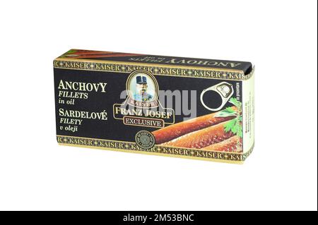 CHISINAU, MOLDOVA - December 24, 2022: Anchovy Fillets in Oil produced by Franz Josef Kaiser Spain. Close up isolated on white background. With clippi Stock Photo