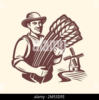 Farmer, wheat field, mill emblem. Agriculture, windmill logo. Healthy organic natural farm food. Vector illustration Stock Vector