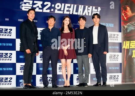 Daniel Henney, Yoo Hai-Jin, Yoon-A (Girls' Generation), Jin Sun-Kyu and Hyun Bin, Aug 30, 2022 : (L-R) Cast members Daniel Henney, Yoo Hai-Jin, Lim Yoona, Jin Sun-Kyu and Hyun Bin pose for photos at a press conference after a press preview of Korean film 'Confidential Assignment2 International' in Seoul, South Korea. Credit: Lee Jae-Won/AFLO/Alamy Live News Stock Photo